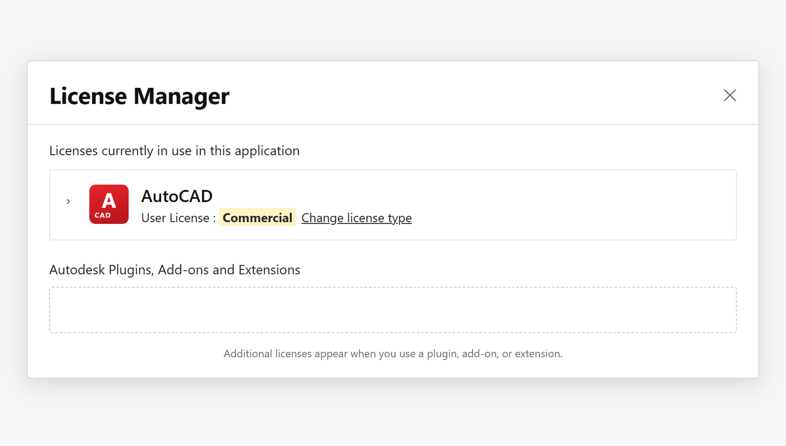 AutoCAD License Manager penceresi: User License satırı Commercial olarak görünüyor
